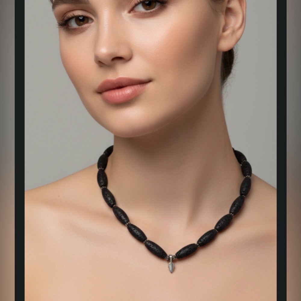 Black Lava Beaded Necklace with Silver Tone Feather Pendant Boho Cruise Goth